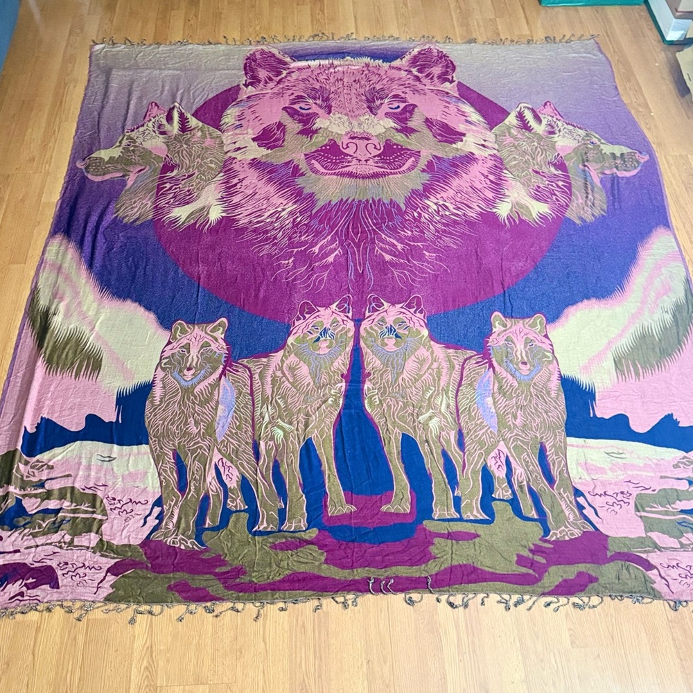 Vintage Wolf Tapestry Blanket Reversible Wall Hanging Lodge Boho Rustic 97x89